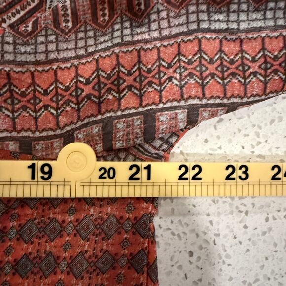 Lucky Brand Boho Tassel Tie Peasant Blouse Coral Orange Geometric Print Small - Picture 6 of 7